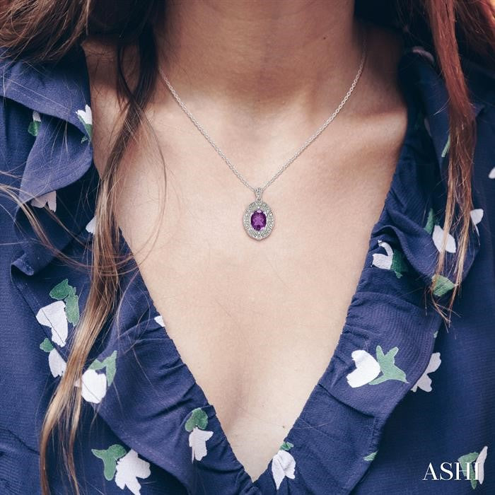 9x7 MM Oval Cut Amethyst and 1/50 Ctw Round Cut Diamond Pendant in Sterling Silver with Chain