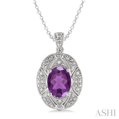 9x7 MM Oval Cut Amethyst and 1/50 Ctw Round Cut Diamond Pendant in Sterling Silver with Chain
