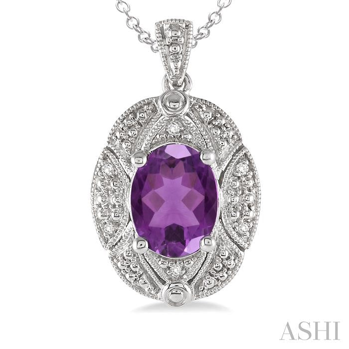 9x7 MM Oval Cut Amethyst and 1/50 Ctw Round Cut Diamond Pendant in Sterling Silver with Chain