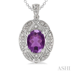 9x7 MM Oval Cut Amethyst and 1/50 Ctw Round Cut Diamond Pendant in Sterling Silver with Chain