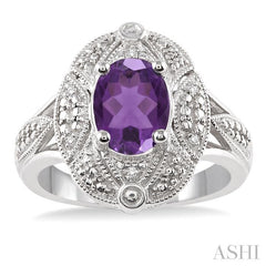 9x7 MM Oval Cut Amethyst and 1/50 Ctw Round Cut Diamond Ring in Sterling Silver