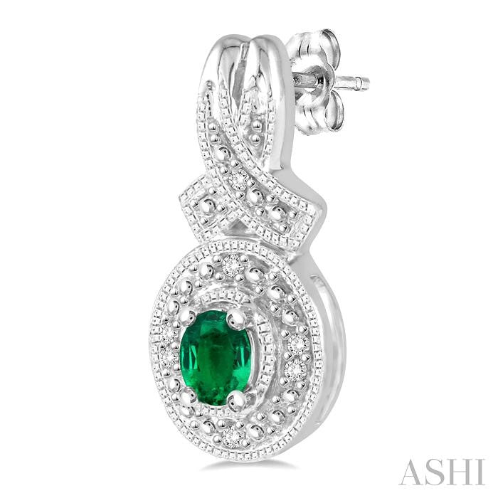 4x3 MM Oval Cut Emerald and 1/20 Ctw Round Cut Diamond Earrings in Sterling Silver