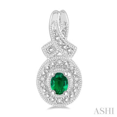 4x3 MM Oval Cut Emerald and 1/20 Ctw Round Cut Diamond Earrings in Sterling Silver