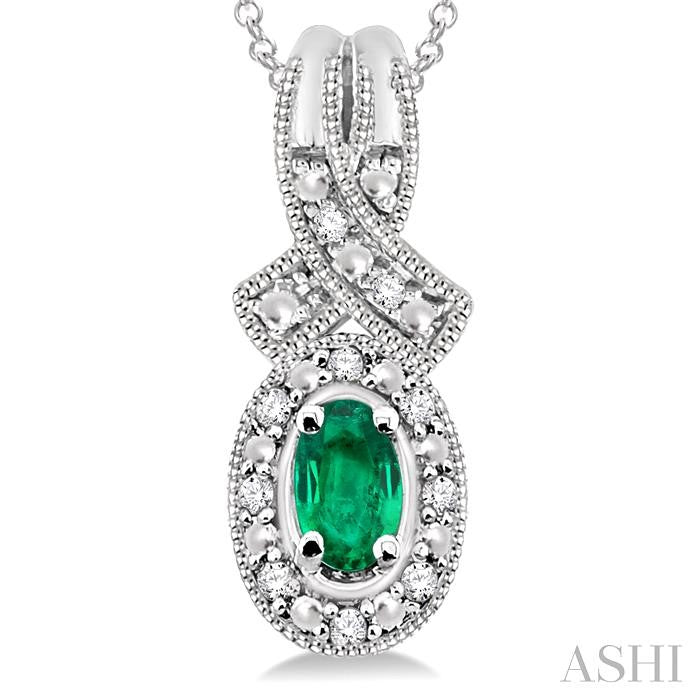 5x3 MM Oval Cut Emerald and 1/50 Ctw Round Cut Diamond Pendant in Sterling Silver with Chain