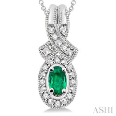 5x3 MM Oval Cut Emerald and 1/50 Ctw Round Cut Diamond Pendant in Sterling Silver with Chain
