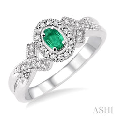 5x3 MM Oval Cut Emerald and 1/50 Ctw Round Cut Diamond Ring in Sterling Silver