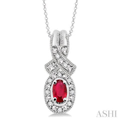 5x3 MM Oval Cut Ruby and 1/50 Ctw Round Cut Diamond Pendant in Sterling Silver with Chain