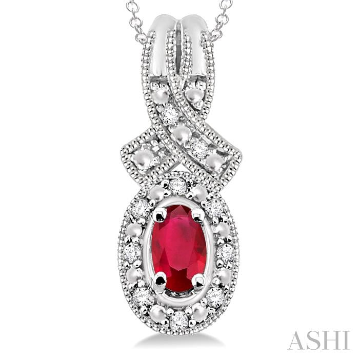 5x3 MM Oval Cut Ruby and 1/50 Ctw Round Cut Diamond Pendant in Sterling Silver with Chain