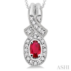 5x3 MM Oval Cut Ruby and 1/50 Ctw Round Cut Diamond Pendant in Sterling Silver with Chain
