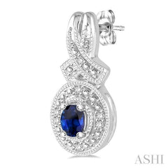 4x3 MM Oval Cut Sapphire and 1/20 Ctw Round Cut Diamond Earrings in Sterling Silver