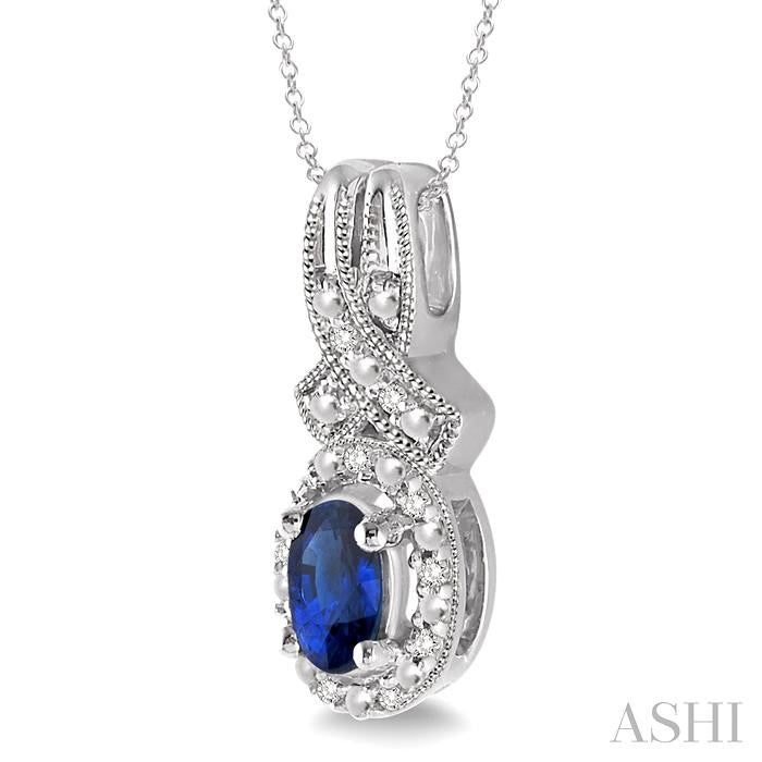 5x3 MM Oval Cut Sapphire and 1/50 Ctw Round Cut Diamond Pendant in Sterling Silver with Chain