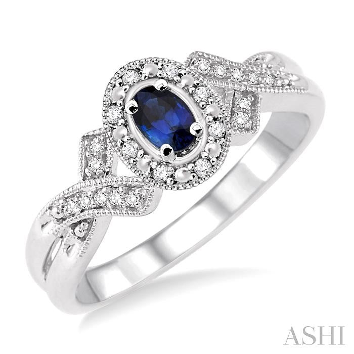5x3 MM Oval Cut Sapphire and 1/50 Ctw Round Cut Diamond Ring in Sterling Silver