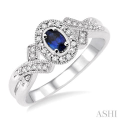 5x3 MM Oval Cut Sapphire and 1/50 Ctw Round Cut Diamond Ring in Sterling Silver