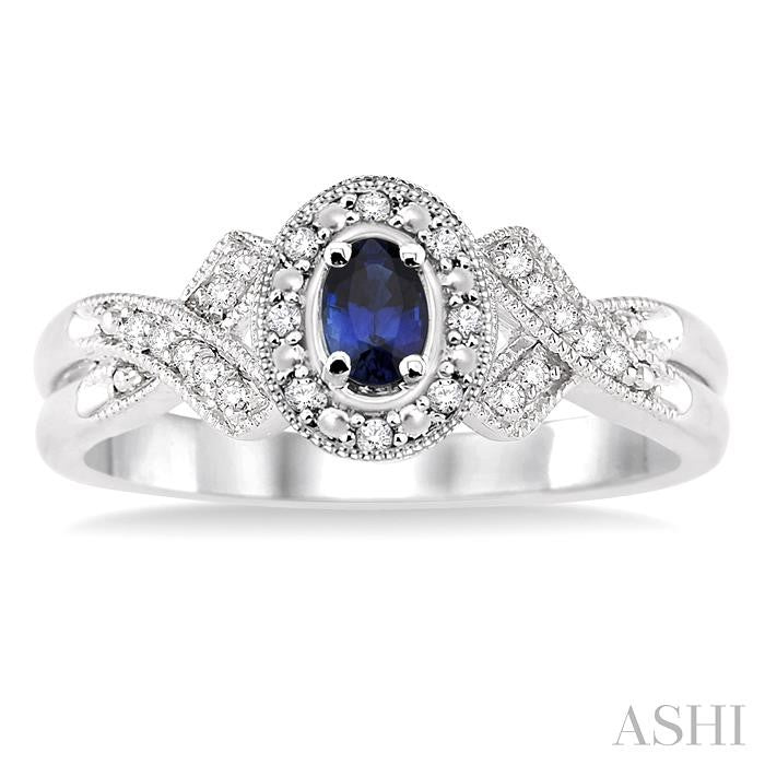5x3 MM Oval Cut Sapphire and 1/50 Ctw Round Cut Diamond Ring in Sterling Silver
