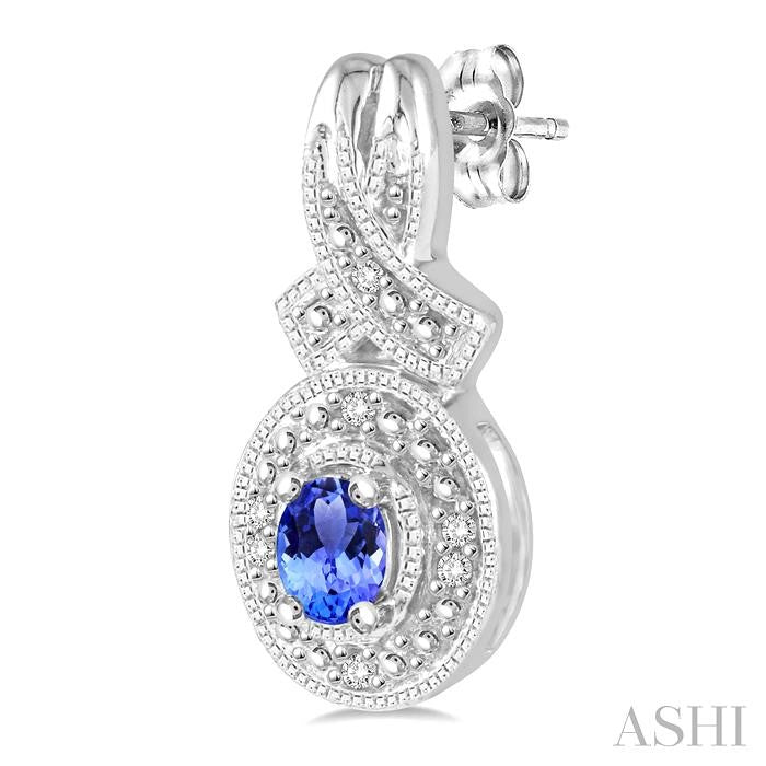 4x3 MM Oval Cut Tanzanite and 1/20 Ctw Round Cut Diamond Earrings in Sterling Silver