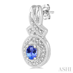 4x3 MM Oval Cut Tanzanite and 1/20 Ctw Round Cut Diamond Earrings in Sterling Silver