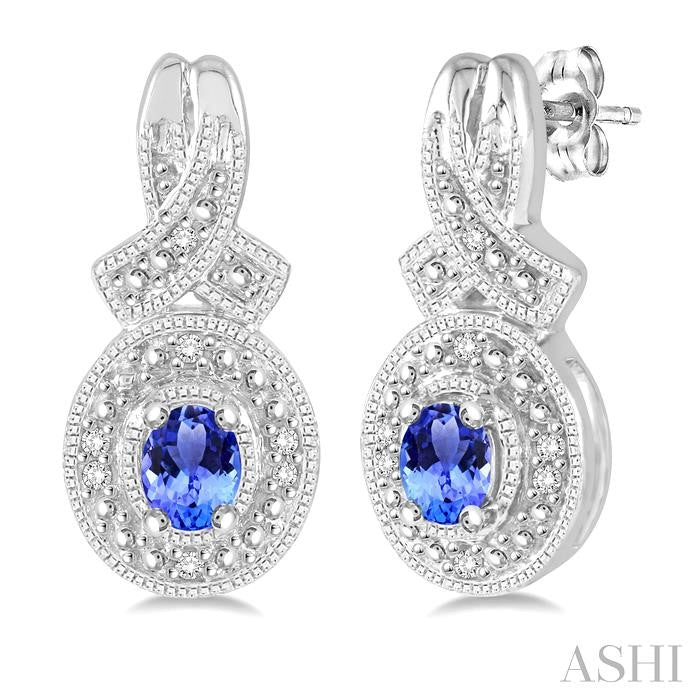 4x3 MM Oval Cut Tanzanite and 1/20 Ctw Round Cut Diamond Earrings in Sterling Silver