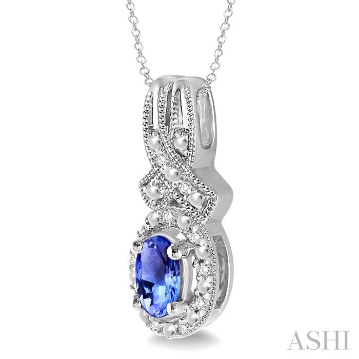 5x3 MM Oval Cut Tanzanite and 1/50 Ctw Round Cut Diamond Pendant in Sterling Silver with Chain