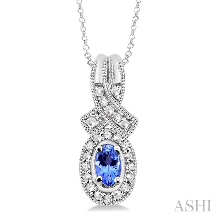 5x3 MM Oval Cut Tanzanite and 1/50 Ctw Round Cut Diamond Pendant in Sterling Silver with Chain