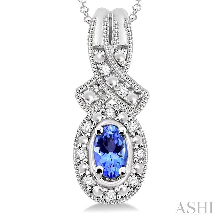 5x3 MM Oval Cut Tanzanite and 1/50 Ctw Round Cut Diamond Pendant in Sterling Silver with Chain
