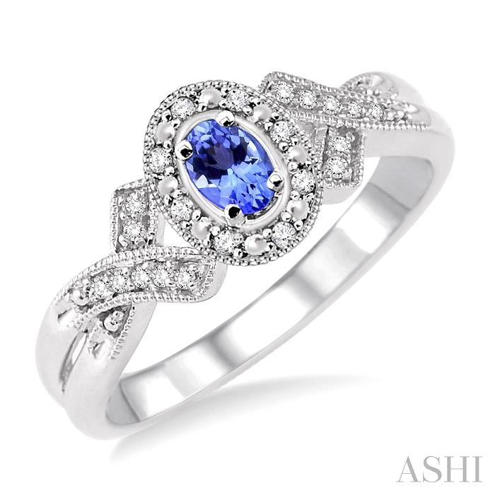 5x3 MM Oval Cut Tanzanite and 1/50 Ctw Round Cut Diamond Ring in Sterling Silver