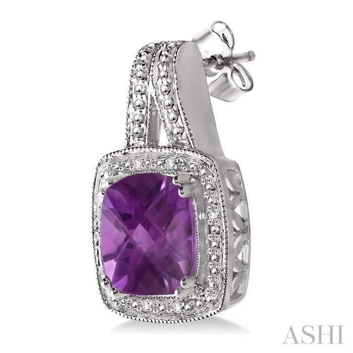 8x8 MM Cushion Shape Amethyst and 1/20 Ctw Round Cut Diamond Earrings in Sterling Silver