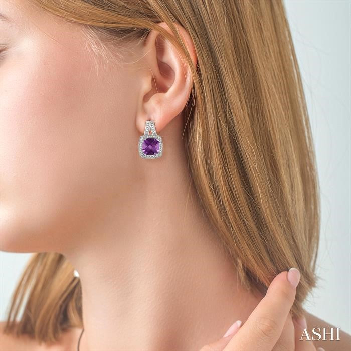 8x8 MM Cushion Shape Amethyst and 1/20 Ctw Round Cut Diamond Earrings in Sterling Silver