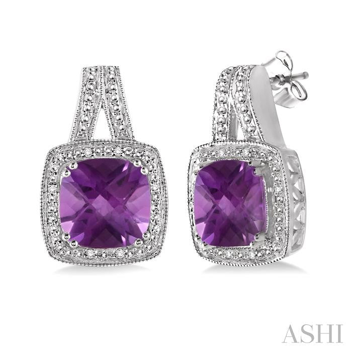 8x8 MM Cushion Shape Amethyst and 1/20 Ctw Round Cut Diamond Earrings in Sterling Silver