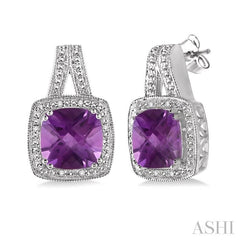 8x8 MM Cushion Shape Amethyst and 1/20 Ctw Round Cut Diamond Earrings in Sterling Silver