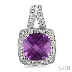 8x8 MM Cushion Shape Amethyst and 1/20 Ctw Round Cut Diamond Earrings in Sterling Silver