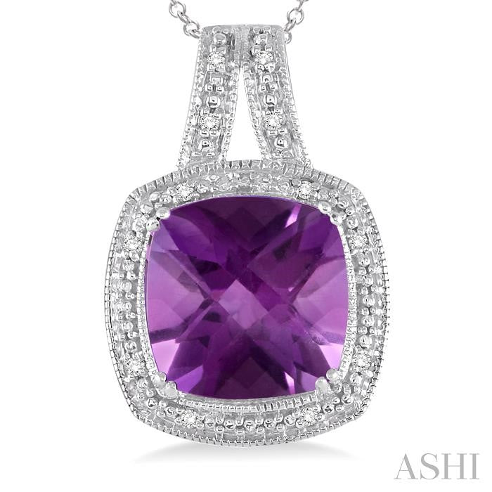 10x10 MM Cushion Shape Amethyst and 1/20 Ctw Round Cut Diamond Pendant in Sterling Silver with Chain