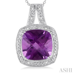 10x10 MM Cushion Shape Amethyst and 1/20 Ctw Round Cut Diamond Pendant in Sterling Silver with Chain