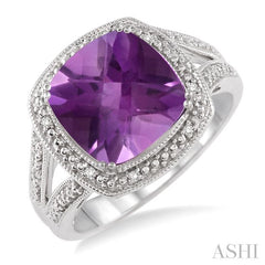 10x10 MM Cushion Shape Amethyst and 1/20 Ctw Round Cut Diamond Ring in Sterling Silver