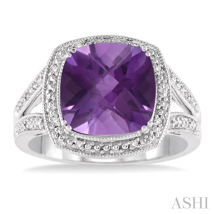 10x10 MM Cushion Shape Amethyst and 1/20 Ctw Round Cut Diamond Ring in Sterling Silver