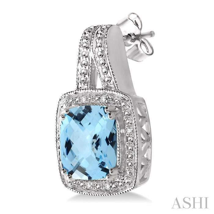8x8 MM Cushion Shape Blue Topaz and 1/20 Ctw Round Cut Diamond Earrings in Sterling Silver