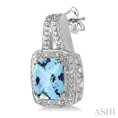 8x8 MM Cushion Shape Blue Topaz and 1/20 Ctw Round Cut Diamond Earrings in Sterling Silver