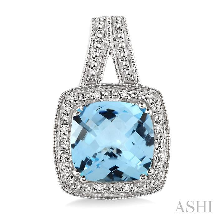 8x8 MM Cushion Shape Blue Topaz and 1/20 Ctw Round Cut Diamond Earrings in Sterling Silver