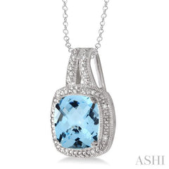 10x10 MM Cushion Shape Blue Topaz and 1/20 Ctw Round Cut Diamond Pendant in Sterling Silver with Chain