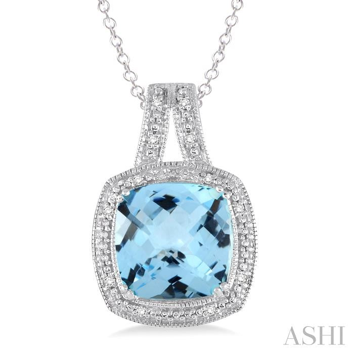 10x10 MM Cushion Shape Blue Topaz and 1/20 Ctw Round Cut Diamond Pendant in Sterling Silver with Chain