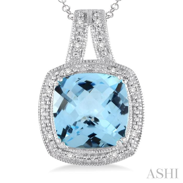 10x10 MM Cushion Shape Blue Topaz and 1/20 Ctw Round Cut Diamond Pendant in Sterling Silver with Chain