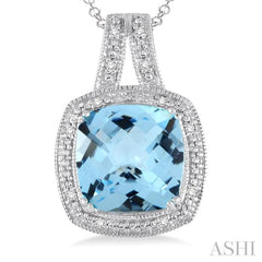 10x10 MM Cushion Shape Blue Topaz and 1/20 Ctw Round Cut Diamond Pendant in Sterling Silver with Chain
