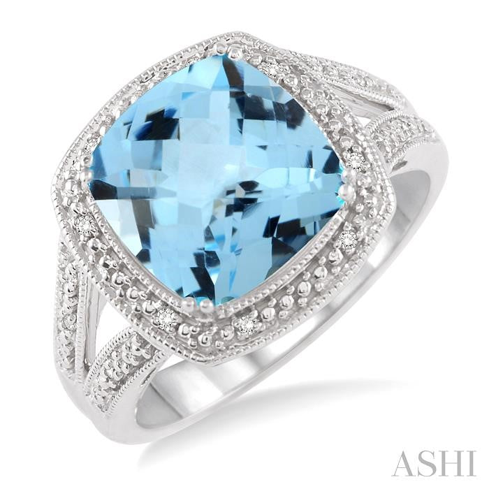 10x10 MM Cushion Shape Blue Topaz and 1/20 Ctw Round Cut Diamond Ring in Sterling Silver