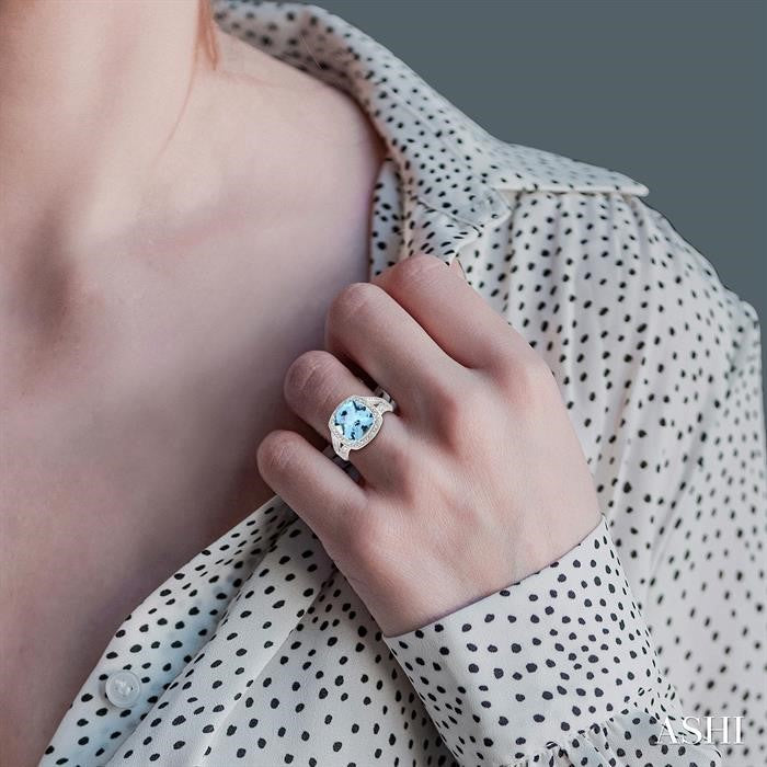 10x10 MM Cushion Shape Blue Topaz and 1/20 Ctw Round Cut Diamond Ring in Sterling Silver