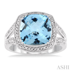 10x10 MM Cushion Shape Blue Topaz and 1/20 Ctw Round Cut Diamond Ring in Sterling Silver