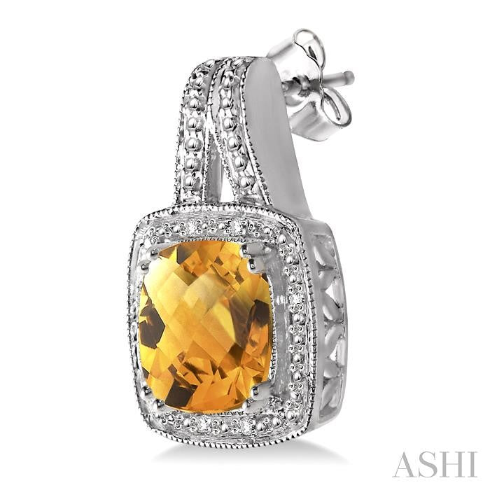 8x8 MM Cushion Shape Citrine and 1/20 Ctw Round Cut Diamond Earrings in Sterling Silver