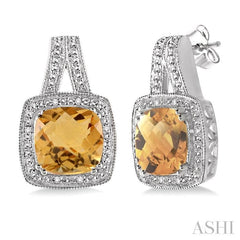 8x8 MM Cushion Shape Citrine and 1/20 Ctw Round Cut Diamond Earrings in Sterling Silver