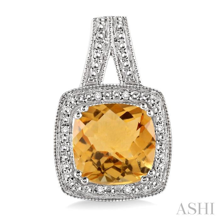 8x8 MM Cushion Shape Citrine and 1/20 Ctw Round Cut Diamond Earrings in Sterling Silver