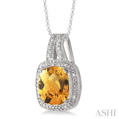 10x10 MM Cushion Shape Citrine and 1/20 Ctw Round Cut Diamond Pendant in Sterling Silver with Chain