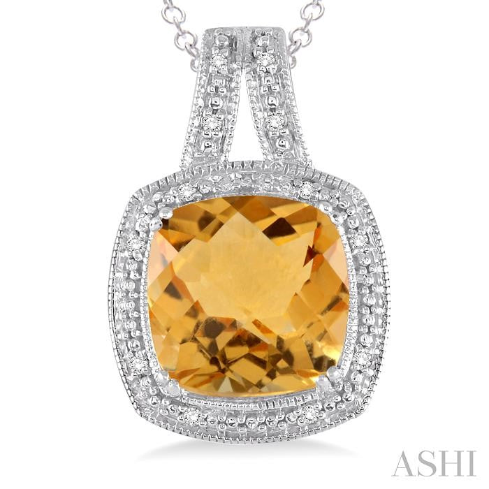 10x10 MM Cushion Shape Citrine and 1/20 Ctw Round Cut Diamond Pendant in Sterling Silver with Chain