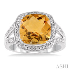 10x10 MM Cushion Shape Citrine and 1/20 Ctw Round Cut Diamond Ring in Sterling Silver